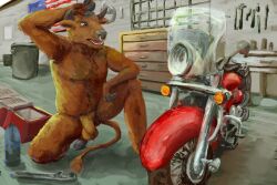 anthro ball_tuft balls bovid bovine cattle fur genitals hair heyimshibby hi_res hooves horn kneeling male mammal motorcycle muscular muscular_anthro muscular_male nude open_mouth penis pubes solo stars_and_stripes tail tired tongue tools tuft united_states_of_america vehicle wrench