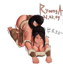 1girl 1girls alternate_breast_size big_breasts black_hair black_hair_female closed_eyes female hair_tied korean_text large_breasts league_of_legends nidalee on_all_fours on_knees ponytail ponytail_female riot_games ryounga skimpy skimpy_clothes skimpy_costume skimpy_outfit solo_female solo_focus strapless strapless_top strapless_topwear text tribal_markings tribal_tattoo tribal_tattoos tube_top