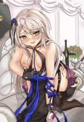 black_dress black_gloves blue_ribbon blush clothing_aside counter:side gloves grabbing_clothing hilde hilde_(counter:side) looking_at_viewer nipple small_breasts smiling_at_viewer split_dress sword thighhighs white_hair wine_glass