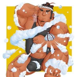 1boy abs ahoge apron apron_lift arm_behind_head arm_hair bara black_fundoshi black_hair bulge chest_hair dark-skinned_male dark_skin erection erection_under_clothes facial_hair feet foot_out_of_frame goatee hachimaki hair_bun hairy headband human human_only jewelry large_hands large_pectorals lifted_by_self long_sideburns male male_focus male_only midriff_peek multicolored_hair muscular muscular_male navel navel_hair necklace one_eye_closed orange_hair pectorals plump sarutahiko_(tokyo_afterschool_summoners) shell_necklace short_hair sideburns sidepec soap_bubbles solo stomach sweat sweatdrop taku-ang testicle_peek thick_eyebrows thick_thighs thighs tokyo_afterschool_summoners two-tone_hair undercut