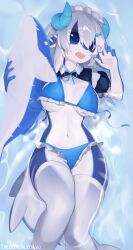 1girls 2022 anthro bikini blue_body blush breasts clothed clothing countershading curled_horn digital_media_(artwork) dragon dragon_horns female female_anthro female_only fish hair hi_res horn horns hybrid kemono legwear looking_at_viewer marine multicolored_body navel open_mouth partially_submerged shark sharp_teeth soda_(soda_uyu) solo stockings swimwear tail teeth thigh_highs two_tone_body water white_body white_hair white_stockings yoako