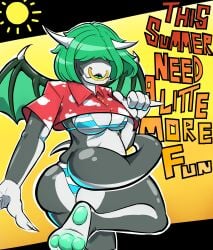 beach big_breasts chubby chubby_female crimes_the_dragon dragon_girl green_hair hair_over_eyes hawaiian_shirt large_breasts scalie swimsuit