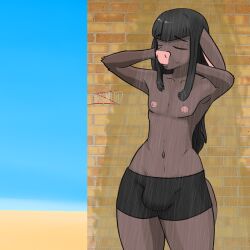 2019 androidz anthro beach bovid bulge clothed clothing femboy femboy_focus femboy_only feminine feminine_body feminine_male girly goth hair hi_res male mammal mordecai(androidz) nipples seaside shower simple_background solo thick_thighs wide_hips