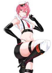 boots crop_top femboy hat headset indie_virtual_youtuber kuramekira latex looking_down nipple_bulge otoko_no_ko otokonoko pink_hair ponytail serious_look thighs thong_above_shorts thong_straps tie virtual_youtuber vtuber