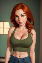 1girls 2023 aged_up ai_generated big_breasts cleavage clothed_female crop_top disney disney_channel female female_only fit_female freckles green_eyes jeans kim_possible kimberly_ann_possible large_breasts orange_hair pin3d red_hair redhead skinny slim solo stable_diffusion thin_female