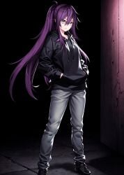 darkness denim female grey_eyes hand_in_pocket hands_in_pockets highres hood hoodie jeans kotonoha_haruko my_summer_adventure_-_memories_of_another_life night non-web_source pants purple_hair solo tsundere visual_novel