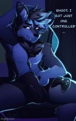 animal_genitalia animated anthro blue_body blue_fur bodily_fluids bulge canid canine canis clothed clothing controller dialogue dominant dominant_male fully_sheathed fur game_controller gaming genital_fluids genitals hands_behind_head looking_at_viewer low_res male male/male mammal nina_the_pun ninathepun partially_clothed precum pulling_down_pants samuel_solo sheath sheath_play sheath_poking_out sitting solo solo_male underwear underwear_down wolf