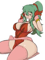 1girls ass bare_thighs big_ass breasts cleavage female female_only fire_emblem fire_emblem_awakening gloves green_eyes green_hair in2naps kneeling large_breasts long_hair nintendo open_mouth pointy_ears ponytail sideboob solo thick_thighs thighhighs thighs tiki_(adult)_(fire_emblem) tiki_(fire_emblem) tired