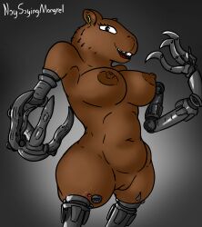 amputee anthro big_breasts breasts buckteeth capybara caviid claws cleavage clothed clothing cybernetic_limb disability ear_piercing female hi_res looking_at_viewer mammal naysayingmongrel piercing quadruple_amputee rodent scar shaded simple_background simple_shading slightly_chubby solo teeth