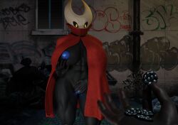 3d anthro areola big_areola black_body blue_nipples blue_pussy covering covering_crotch covering_self deerbone deerbone_(artist) female genitals glowing glowing_genitalia glowing_nipples glowing_pussy hi_res hollow_knight hornet_(hollow_knight) humanoid money mostly_nude nipples pussy surprise team_cherry zero_pictured