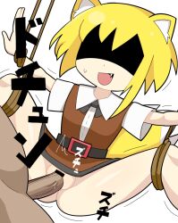 1boy :d animal_ears asymmetrical_hair bar_censor belt black_belt black_bow black_bowtie blonde_hair bound bound_legs bow bowtie brown_dress censored collared_shirt commentary_request cookie_(touhou) cowboy_shot dress dutch_angle female flat_chest fox_ears fox_girl fox_tail hospital_king medium_bangs medium_hair miramikaru_riran oerba_yun_fang open_mouth penis pinafore_dress pussy rope sex shaded_face shirt short_sleeves sidelocks simple_background sleeveless sleeveless_dress smile solo_focus straight tail vaginal_penetration white_background