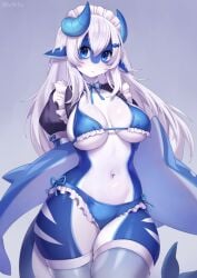 1girls 2023 anthro blue_body blue_eyes bra breasts clothing dragon dragon_horns female female_only fish hair hi_res horn horns hybrid iwbitu legwear lingerie long_hair looking_at_viewer maid maid_bikini maid_headdress maid_outfit marine navel panties pointy_ears shark skindentation soda_(soda_uyu) solo stockings tail thigh_highs underwear white_body white_hair white_stockings