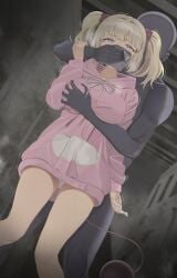 1boy 1girls blonde_hair breast_grab chloroform grabbing_another's_breast hand_over_another's_mouth handgag hoodie kidnapped long_sleeves panties pink_hoodie purple_eyes sweatdrop tagme tail twin_(tt_lsh) twintails white_panties