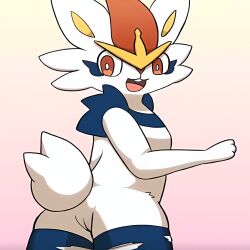 2022 :3 ai_generated anthro cinderace female female_cinderace fur furry happy looking_back nintendo pokémon_(species) pokemon pokemon_(species) pussy solo sum white_fur