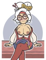 aplovestudio_(artist) big_nipples blush female glasses large_breasts partially_clothed presenting_breasts purah purah_(tears_of_the_kingdom) red_eyes sitting tears_of_the_kingdom the_legend_of_zelda white_hair