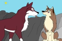 aleu_(balto) auburn_fur balto_(film) blush canid canine canis domestic_dog embarrassed eye_contact feral flower fur gift half-closed_eyes happy hi_res husband husky love mammal mountain rollriver romantic romantic_couple smile taku_(balto) tan_fur wife wolf wolfdog