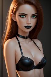 ai_generated black_bra black_lipstick bra disney disney_channel fit_female freckles goth goth_girl gothified green_eyes kim_possible kimberly_ann_possible medium_breasts pin3d red_hair skinny slim solo solo_female stable_diffusion tagme thin_female