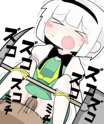 >_< bar_censor black_bow black_bowtie black_hairband blunt_bangs blush bob_cut bow bowtie censored clothing_aside collared_shirt commentary cookie_(touhou) feet_out_of_frame female green_skirt green_vest hairband hospital_king konpaku_youmu medium_bangs motion_lines open_mouth panties panties_aside penis pickaxe puffy_short_sleeves puffy_sleeves pussy sex shirt short_hair short_sleeves shovel simple_background skirt skirt_set straight touhou underwear vaginal_penetration vest white_background white_hair white_panties white_shirt zerukalo_(cookie)