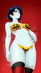 1girls adventure_time bodypaint fenixman12 halloween hand_on_hip marceline medium_breasts nude pale_skin red_background red_eyes short_hair solo standing vampire wet