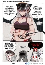 2girls abs arknights chibi comic dialogue doctor_(arknights) english english_text grey_hair kinohara_kossuta long_hair masochism mudrock_(arknights) muscular_female page_18 saria_(arknights) saria_(the_law)_(arknights) speech_bubble text yandere