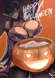 1girls big_breasts big_thighs black_stockings breasts busty dark-skinned_female dark_elf dark_skin elf elf_ears elf_female female hair_over_one_eye halloween huge_breasts huge_thighs kuroinu_~kedakaki_seijo_wa_hakudaku_ni_somaru~ large_breasts large_thighs olga_discordia sakiyume11 thick_thighs thighs voluptuous witch_hat