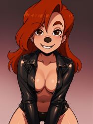 ai_generated anthro brown_eyes canid canine canis cleavage domestic_dog evil_smile leather_clothing leather_jacket long_hair mole_under_eye red_hair roxanne_(goof_troop) smile smiling smiling_at_viewer solo stable_diffusion