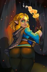 1girls 2023 ass back_view big_ass blonde_hair cloak crown_braid elf_ears female female_focus female_only fingerless_gloves fire flame green_eyes hair_clips hi_res high_resolution highres holding_torch light-skinned_female light_skin looking_back nintendo princess_zelda short_blonde_hair short_hair solo solo_female solo_focus spudenski tears_of_the_kingdom the_legend_of_zelda thick_ass thick_thighs thighs torch zelda_(tears_of_the_kingdom)