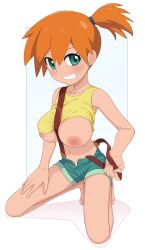 asymmetrical_hair barefoot blush breasts cowboy_shot creatures_(company) crop_top denim denim_shorts feet female female_focus game_freak gen_1_pokemon green_eyes hair_tie highres huge_breasts kasumi_(pokemon) large_breasts legs midriff mscle nanina navel nintendo nipples orange_hair pokemon pokemon_(anime) pokemon_(classic_anime) pokemon_(game) pokemon_rgby ponytail shirt short_hair short_shorts shorts side_ponytail sleeveless sleeveless_shirt solo tank_top thighs yellow_shirt