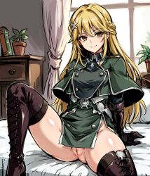 1girls ai_generated blonde_female blonde_hair bottomless clothed_female clothing exosister_elis exosisters female female_only legs_apart leukocrisp pussy smile stable_diffusion uncensored yu-gi-oh!