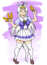 1girls blue_eyes commission commission_art commissioner_upload corndog eating food gray_hair horse_ears horse_girl horse_tail large_breasts long_hair oguri_cap_(umamusume) penis-shaped_object school_uniform tagme thighhighs tracen_school_uniform umamusume umamusume:_cinderella_gray umamusume_pretty_derby