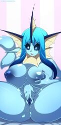 2023 5_fingers absurd_res anthro areola big_breasts biped blue_areola blue_body blue_hair blue_nipples blue_pussy breasts eeveelution female fingers front_view generation_1_pokemon genitals hair hi_res holding_breast huge_breasts masturbation nintendo nipples open_mouth open_smile pokemon pokemon_(species) pokemorph pussy sagestrike2_(artist) smile solo spread_legs spread_pussy spreading vaginal_masturbation vaginal_penetration vaporeon