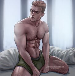 abs arms_down attack_on_titan belly belly_button blonde_hair boxers_(clothing) bulge bulge_through_clothing flexing_muscles green_boxers green_underwear hair hairy hairy_abs hairy_chest hairy_legs hairy_male hand_on_penis happy_trail hazel_eyes looking_to_the_side male male_only muscular muscular_male nipples pecs porco_galliard questionable solo thighs tight_underwear underwear urielbeaupre