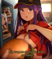 1other 2girls absurdres baseball_cap blunt_bangs blurry blurry_foreground blush breasts burger character_doll convenient_censoring english_text fern_(sousou_no_frieren) food frieren green_eyes grey_hair hat highres khyleri long_hair looking_at_viewer mcdonald's multiple_girls open_mouth pointy_chin pov pov_hands purple_eyes purple_hair solo_focus sousou_no_frieren subtitled sweatdrop