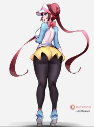 2023 ass big_breasts blue_eyes brown_hair female female_only game_freak jaxartdump leggings long_twintails nintendo patreon_logo patreon_username pokémon pokemon pokemon_bw2 rosa_(pokemon) side_eye sideboob skirt solo twin_buns twintails visor