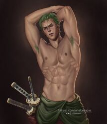 abs anime armpit_hair armpits arms_behind_head belly belly_button brown_nipples earring earrings flexing green_hair handsome male male_only muscular nipples one_piece outstretched_arms questionable roronoa_zoro scar scar_across_eye sexy_armpits sfw shirtless shirtless_(male) solo solo_focus solo_male standing swords urielbeaupre waist