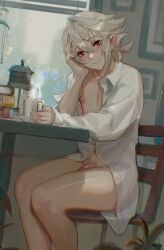 1boy book book_stack chair coffee_mug corrin_(fire_emblem) corrin_(fire_emblem)_(male) corrin_(male)_(fire_emblem) cup cute_male femboy feminine fire_emblem fire_emblem_fates grey_hair highres holding holding_cup looking_at_viewer male male_only mug nintendo nipples penis rain red_eyes samsara shirt short_hair skinny smile solo table white_shirt window window_fog