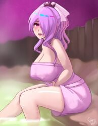 1girls alternate_costume alternate_hairstyle bare_thighs breasts camilla_(fire_emblem) camilla_(spring)_(fire_emblem) ciderwrath cleavage covered_nipples female female_only fire_emblem fire_emblem_fates fire_emblem_heroes hair_over_one_eye large_breasts long_hair looking_at_viewer naked_towel night nintendo official_alternate_costume official_alternate_hairstyle onsen open_mouth outdoors pink_eyes ponytail purple_hair sitting smile solo thighs towel