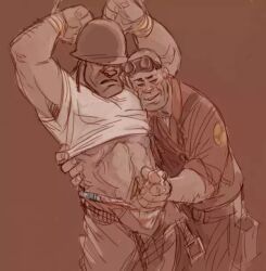 bondage bound_wrists engineer_(team_fortress_2) handjob kgbigelow male male_only soldier_(team_fortress_2) tagme team_fortress_2