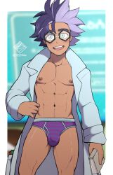 0027woo big_bulge briefs bulge classroom flushed glasses huge_bulge jacq_(pokemon) male male_only melanin muscles muscular muscular_male open_coat pokemon pokemon_sv shy smiling_at_viewer smooth_chest smooth_skin teacher underwear zinnia_(pokemon_sv)