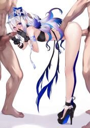 1girls 2boys amane_kanata amane_kanata_(5th_costume) angel_wings bent_over black_collar black_gloves blue_hair censored clothed_female_nude_male clothed_sex collar colored_inner_hair dark-skinned_male dark_skin fallen_angel feathered_wings female gloves gradient_wings grey_hair group_sex hair_between_eyes hair_bun halo high_heels highres holoforce hololive hololive_japan inukai_mofu long_hair male_pubic_hair mmf_threesome mosaic_censoring multicolored_hair multicolored_wings multiple_boys nude official_alternate_costume open_mouth penis pubic_hair purple_eyes purple_hair sex sex_from_behind single_hair_intake solo_focus spitroast star_halo straight testicles threesome vaginal_penetration virtual_youtuber white_background wings