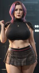 ai_generated big_breasts big_nipples black_clothing black_shirt celebrity d4rk_v0id erect_nipples erect_nipples_under_clothes hard_nipples huge_breasts miniskirt nipples_visible_through_clothing plaid plaid_skirt princess_leia_organa rainbow_hair short_skirt