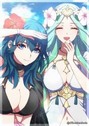 2girls alternate_costume bikini black_bikini black_swimsuit blue_eyes blue_hair blue_sky breasts byleth_(female)_(summer)_(fire_emblem) byleth_(fire_emblem) byleth_(fire_emblem)_(female) byleth_(summer)_(fire_emblem)_(female) cleavage closed_eyes closed_mouth cloud commentary_request dfhnokenbutu female female_only fingernails fire_emblem fire_emblem:_three_houses fire_emblem_heroes flower forehead green_hair hair_between_eyes hair_flower hair_ornament hibiscus highres large_breasts long_hair looking_at_viewer multiple_girls navel nintendo official_alternate_costume open_mouth pink_flower red_flower rhea_(fire_emblem) rhea_(summer)_(fire_emblem) sky smile swimsuit twitter_username very_long_hair white_bikini white_swimsuit