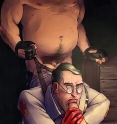 3boys adorable anal ass bara belly blowjob body_hair canon_couple chest_hair clothing cute erection fingerless_gloves gloves handjob heavy_weapons_guy love lovers male male_only mature_male medic medic_(team_fortress_2) mmm_threesome nipples out_of_frame overweight overweight_male pants_down penis pubic_hair romantic romantic_couple romantic_sex spitroast team_fortress_2 threesome yangpuppy yaoi