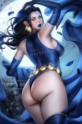 1girls armpits ass ass_focus ayyasap belt breasts dat_ass dc dc_comics female female_only huge_ass leotard rachel_roth raven_(dc) raven_(dc)_(classic) solo teen_titans thick_thighs watermark wide_hips