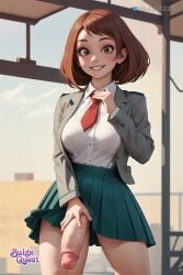 1futa ai_generated athletic_futanari brown_eyes brown_hair bulge_quest futa_only futa_sans_pussy futanari human looking_at_viewer my_hero_academia ochako_uraraka skirt smile testicles uraraka_ochako