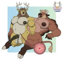 1ceberg absurd_res anthro antlers balls belly big_pecs bodily_fluids bovid bovine capreoline cattle cum deer duo genital_fluids genitals hand_on_stomach hi_res horn inflation inflation lying male male/male mammal muscular muscular_male nipples on_back overweight pecs reindeer tom_(1ceberg)