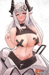 1girls 2023 arknights artist_name asekeu bare_shoulders belly belly_button big_breasts blush bra breasts choker hi_res horns light-skinned_female light_skin long_hair midriff mudrock_(arknights) nipples_covered nude pointy_ears red_eyes simple_background solo standing t-shirt upper_body white_hair