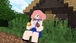 1girls 3d big_breasts eating minecraft mystic100 pig_(minecraft) pig_girl pink_hair twintails