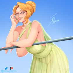 1girls ave_poppea blonde_hair blue_background freckles gardnerverse glasses green_dress large_breasts leaning_forward lindsay_o'brien looking_at_viewer mature_female milf one_breast_out see-through_clothing solo