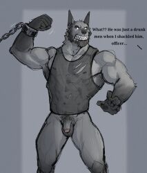 anthro balls beard bodily_fluids bottomless canid canine canis chains clothed clothing cuff_(restraint) dark_body dark_fur digital_media_(artwork) facial_hair fur genitals glowing glowing_eyes grey_body grey_fur hi_res male mammal muscular muscular_anthro muscular_male nipples pecs penis phinnherz restraints saliva shackled shackled_wrists shackles shirt simple_background solo teeth teeth_showing text topwear torn_clothing were werecanid werecanine werewolf wolf